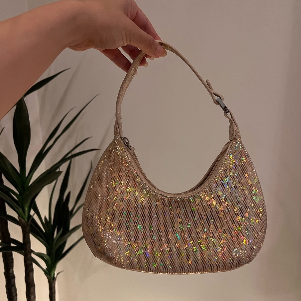 Glittering going out bag BY FAR Baby Amber Leather Holographic Gold Shoulder Bag